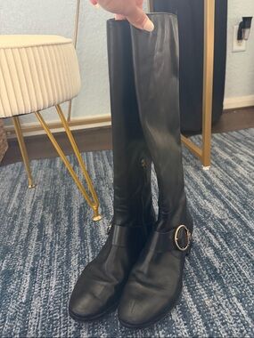 Tory Burch Black Sofia Riding Leather Boots with Decorative Gold Buckle